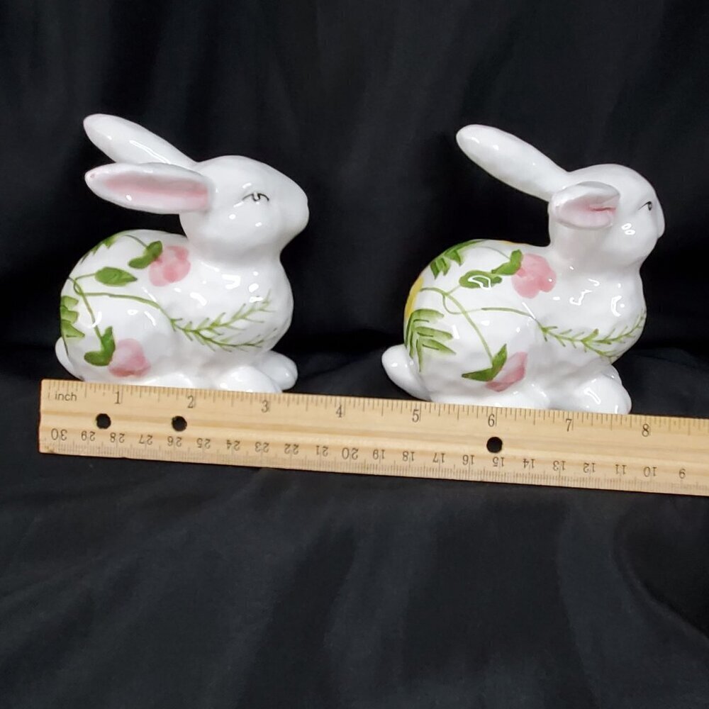Ceramic Bunny Rabbit Figurines Spring Floral Design Decor Set Of 2 - Picture 4 of 10
